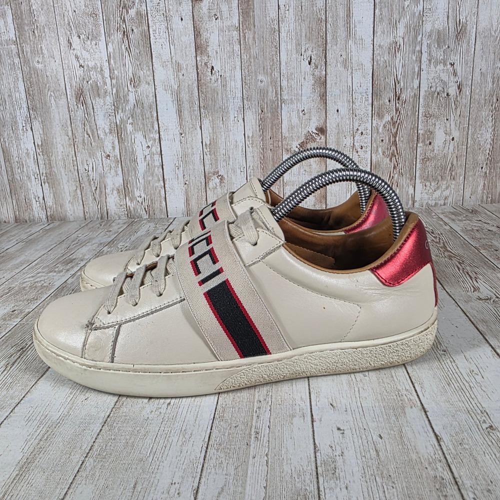 Gucci Sneakers Women's Cream Leather Red Metallic Accent Low Top‎ Designer Shoes - Picture 2 of 8